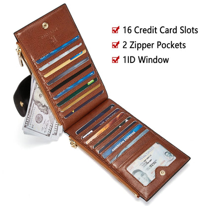 BOSTANTEN Leather Wallets for Women Large RFID Blocking Slim Bifold Purse Card Holder with Zipper Pocket Black＆Brown