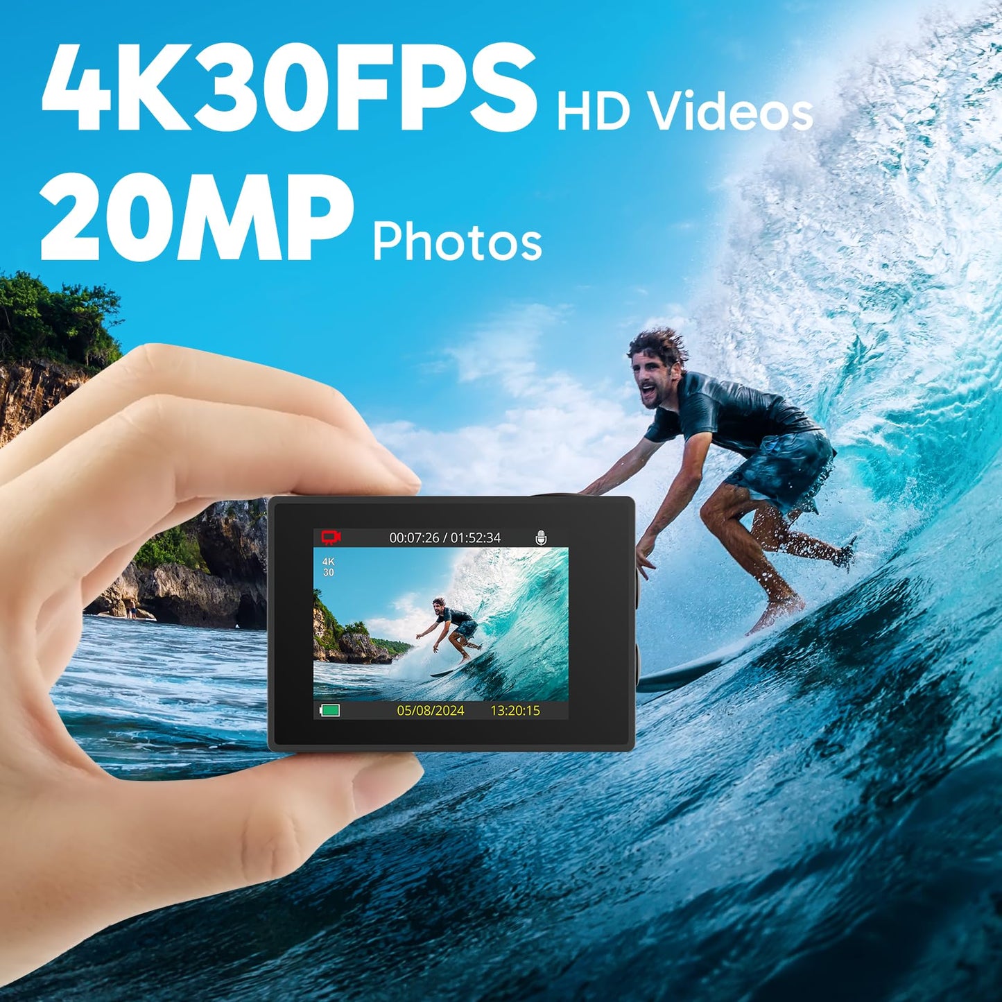 AKASO EK7000 4K30fps Action Camera with 64GB MicroSDXC U3 Memory Card Accessories Kit Bundle Ultra HD 131FT Waterproof Underwater Camera EIS WiFi Remote Control 4X Zoom, Black