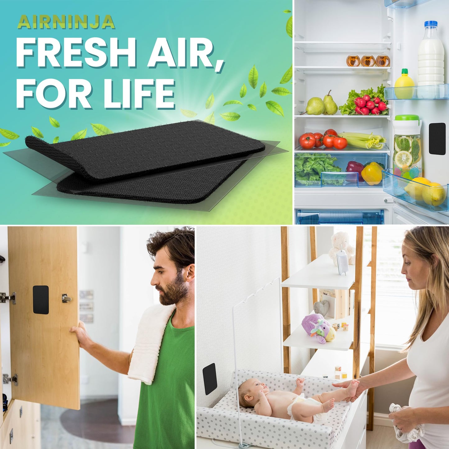 AIRNINJA Fridge Deodorizer - Natural Refrigerator Deodorizer Odor Eliminator - Beats Baking Soda and Bamboo Charcoal Air Purifying Bags - Activated Carbon Odor Absorber for Fridge & Freezer (2 pk)