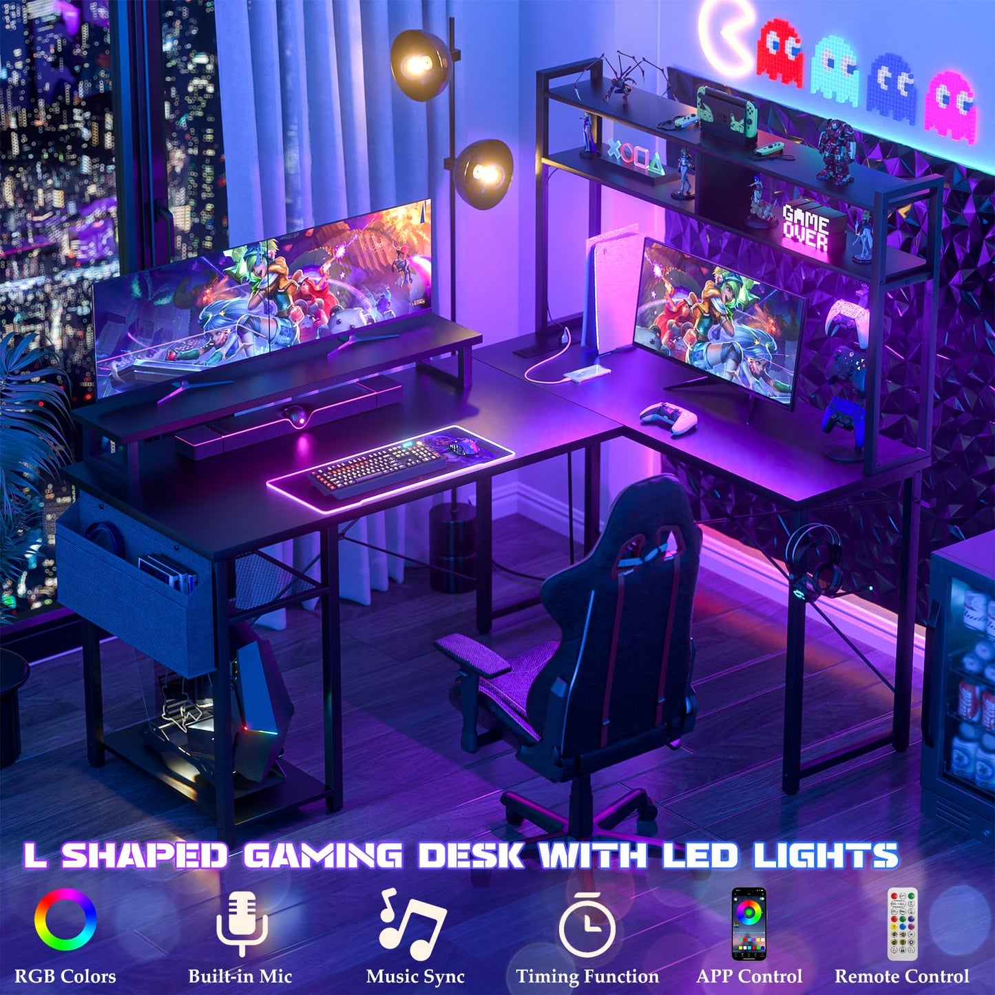 Aheaplus Small L Shaped Gaming Desk with LED Lights & Power Outlets, Reversible L-Shaped Computer Desk with Monitor Stand & Storage Shelf, Corner Desks Home Office Desk with Storage Bag, Black