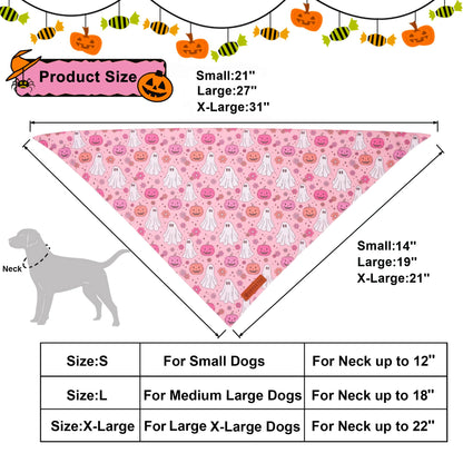 ADOGGYGO Halloween Dog Bandana, Pink Pumpkin Ghost Scarf, Adjustable Fit Female Halloween Bandanas for Medium Large Dogs Pets (Large)