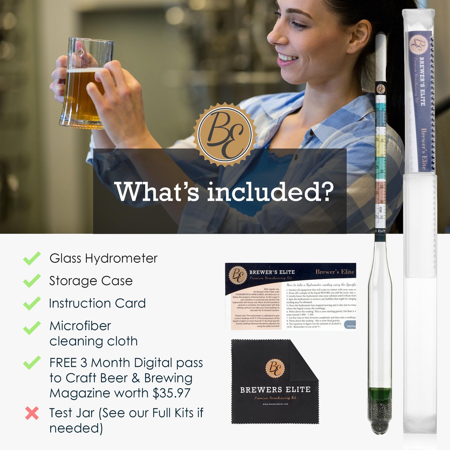 Brewer's Elite Hydrometer - for Home Brew Beer, Wine, Mead and Kombucha - Deluxe Triple Scale Set, Hardcase and Cloth - Specific Gravity ABV Tester