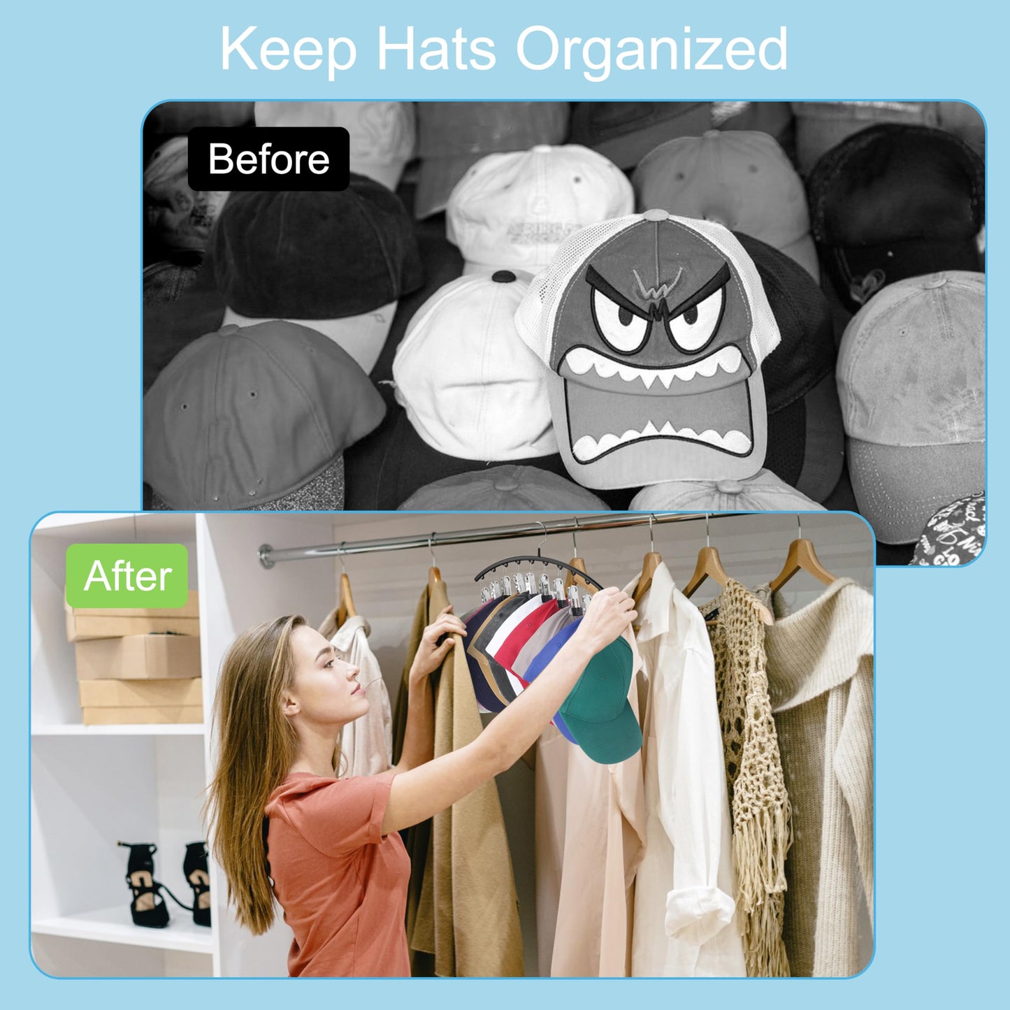 Hat Hangers for Closet, Metal 2 Pack Hat Organizer Holder for Hanger Closet Display, Hat Racks for Baseball Caps w/10 Clips, Hat Holder for Ball Caps & Accessories, for Men Women, Black