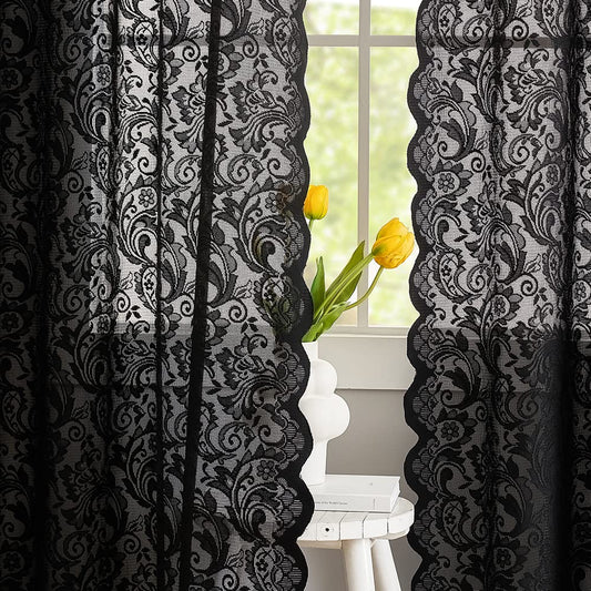 ALIGOGO Black Lace Halloween Curtains for Living Room Luxury Gothic Sheer Curtains 84 inches Long Boho Doorway Curtains Witchy/Goth Room Decor 52 x 84 Inch Black