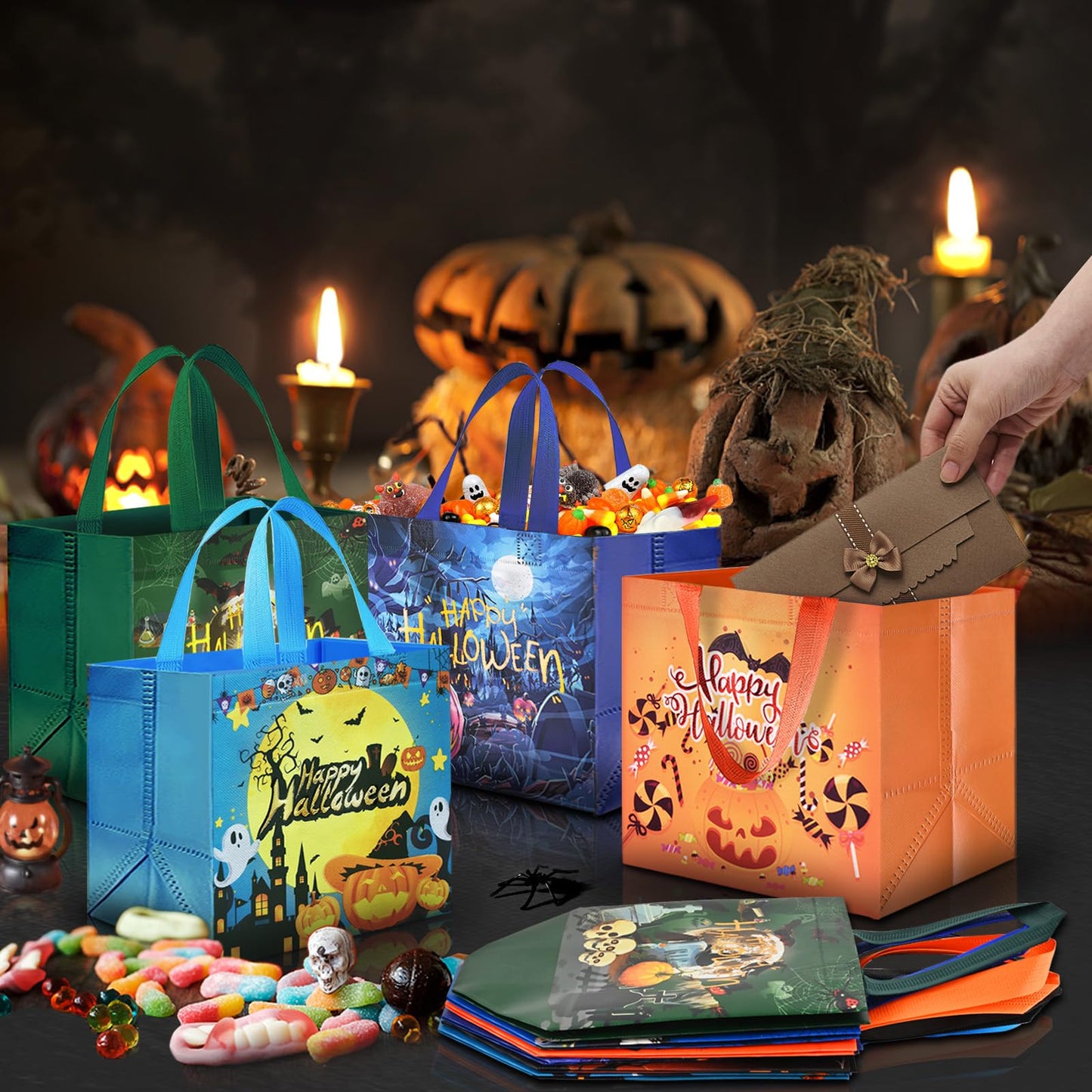AhfuLife 12 Pcs Halloween Trick or Treat Bags, Candy Tote Bags with Handles, Reusable Non-Woven Gift Bag for Halloween Party Supplies Favors (7.8×7.8×5.9’’)