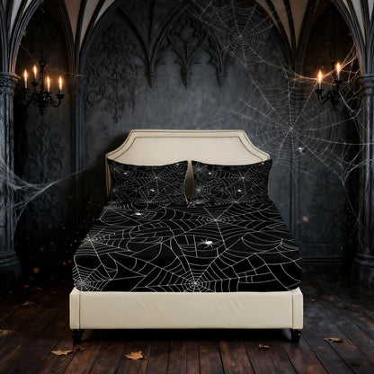 Boys Spider Web Sheet Set for Kids Children Halloween Themed Bed Sheet Set Full Girls Decorative Scary Spider Pattern Sheets Soft Bed Set Black White,Flat Sheet+ Fitted Sheet + 2 Pillow Case