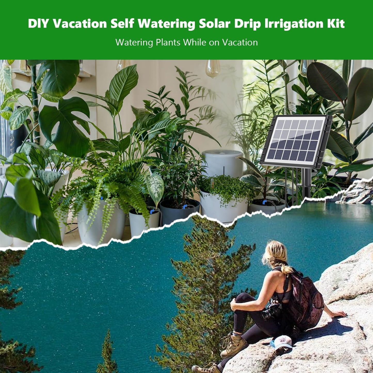 HEKIWAY 49FT Solar Drip Irrigation System, Auto Watering Kit for 15 Pots, Solar-Powered Plant Watering, 25 Timer Modes, 900ml/min Flow Indoor/Outdoor Garden, Balcony & Patio Irrigation System