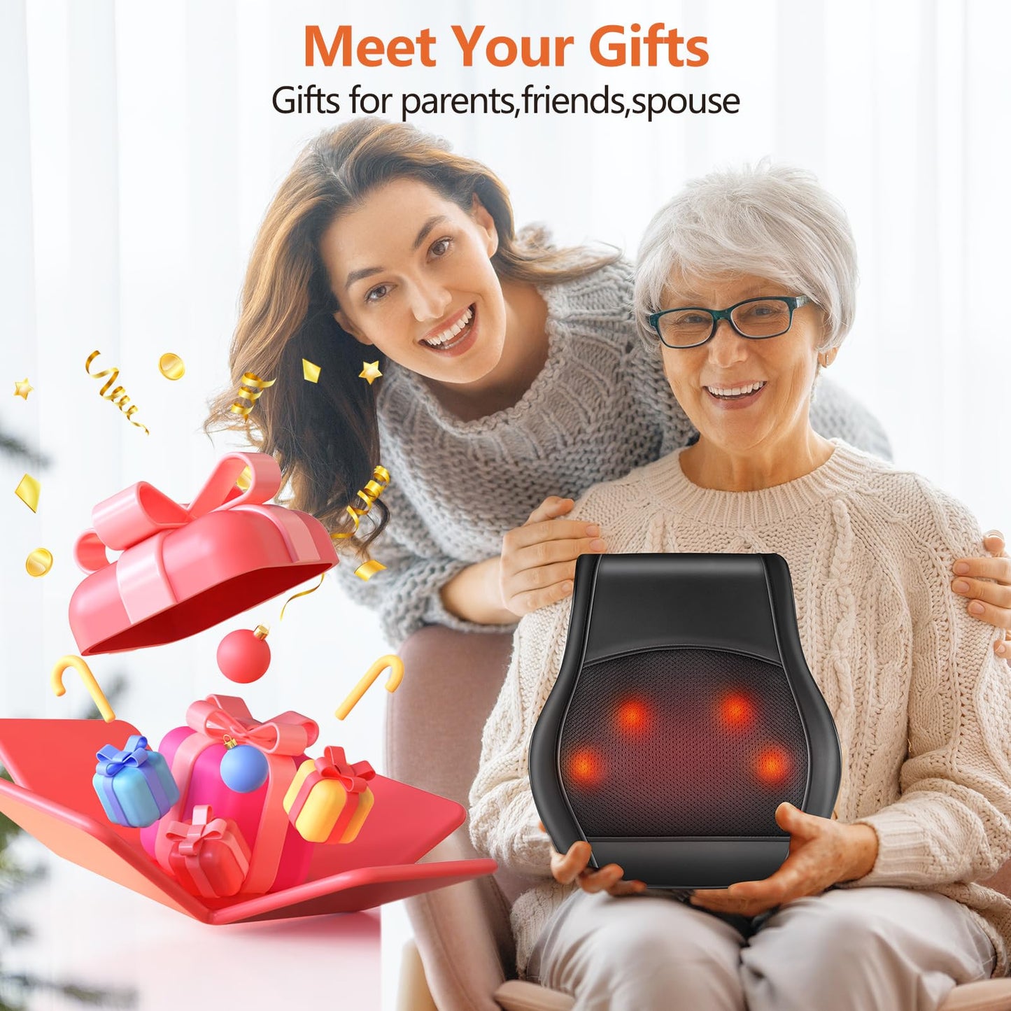 Brelley Neck and Back Massager for Pain Relief Deep Tissue with Heat, Shiatsu Shoulder Massager with Bi-Directional Rotating Head for Neck, Back, Shoulders, and Legs, Gift for Mom Dad