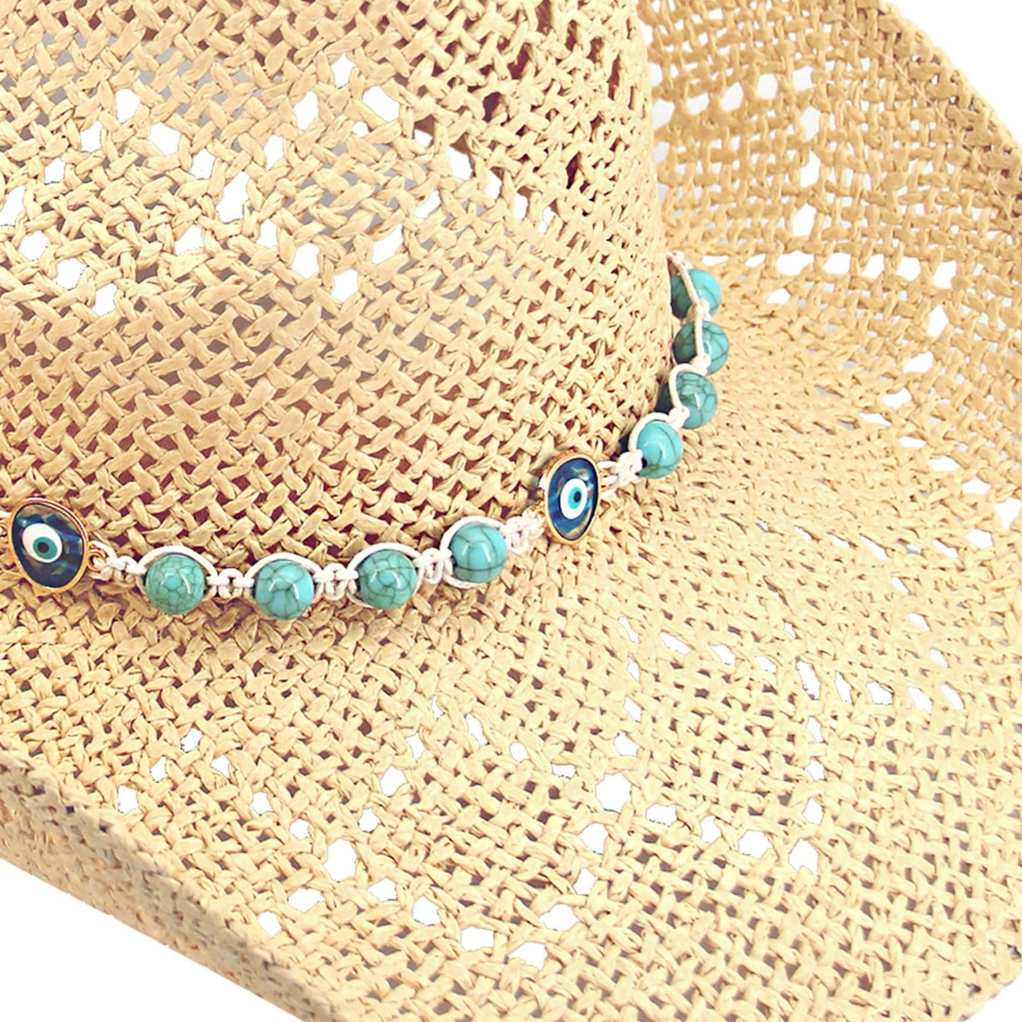 Women's Western Cowgirl Hat Men's Cowboy Hat Straw Cowboy Hat Woven Sun Hat Western HatUnique Two Decorative Bands (US, Alpha, One Size, X-Large, Beige-Eyestone)