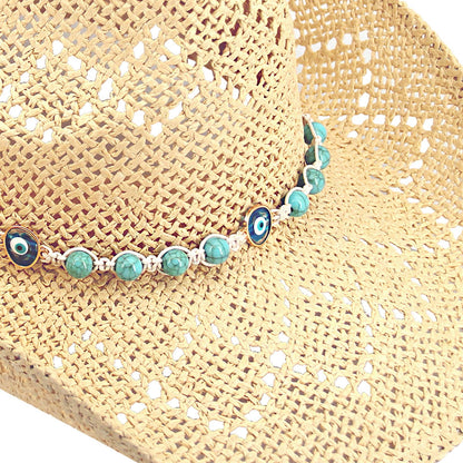 Women's Western Cowgirl Hat Men's Cowboy Hat Straw Cowboy Hat Woven Sun Hat Western HatUnique Two Decorative Bands (US, Alpha, One Size, X-Large, Beige-Eyestone)