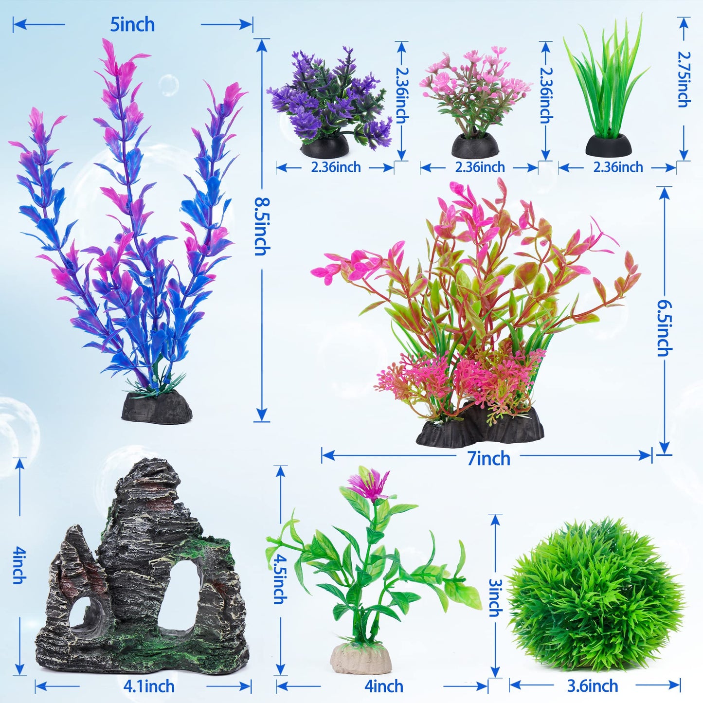 Ameliade Aquarium Artificial Plastic Plants Decorations and Rock Cave Decor Set Goldfish Betta Fish Tank Accessories Small Large Fish Bowl Ornaments