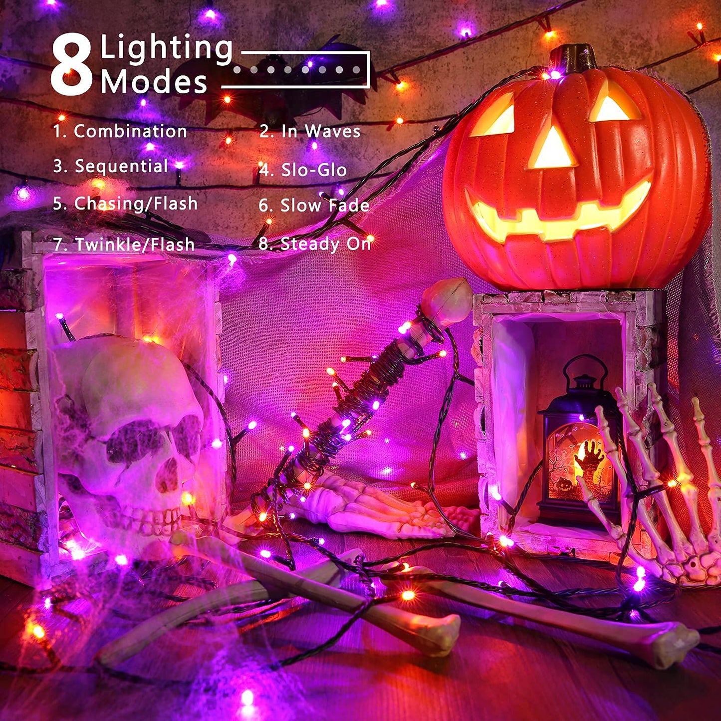 Brizled Purple & Orange Halloween Lights, 95.14ft 240 LED Halloween String Lights Connectable with Timer, 8 Modes Outdoor Orange Light, Plugin Mini Light Waterproof for Outside Spooky Decoration