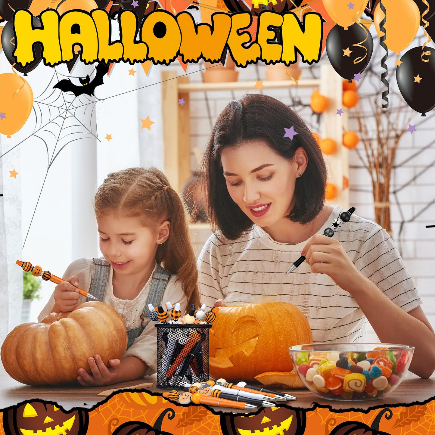Zhanmai 197 Pcs Halloween Beadable Pen Bulk DIY Pens Making Kit 24 Assorted Bead Pens 101 Pumpkin Ghost Bat Spider Halloween Beads 24 Packaging Bags 48 Spacer Beads for Kids Office School Supplies