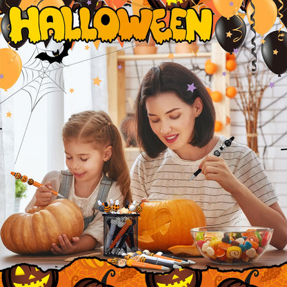 Zhanmai 197 Pcs Halloween Beadable Pen Bulk DIY Pens Making Kit 24 Assorted Bead Pens 101 Pumpkin Ghost Bat Spider Halloween Beads 24 Packaging Bags 48 Spacer Beads for Kids Office School Supplies