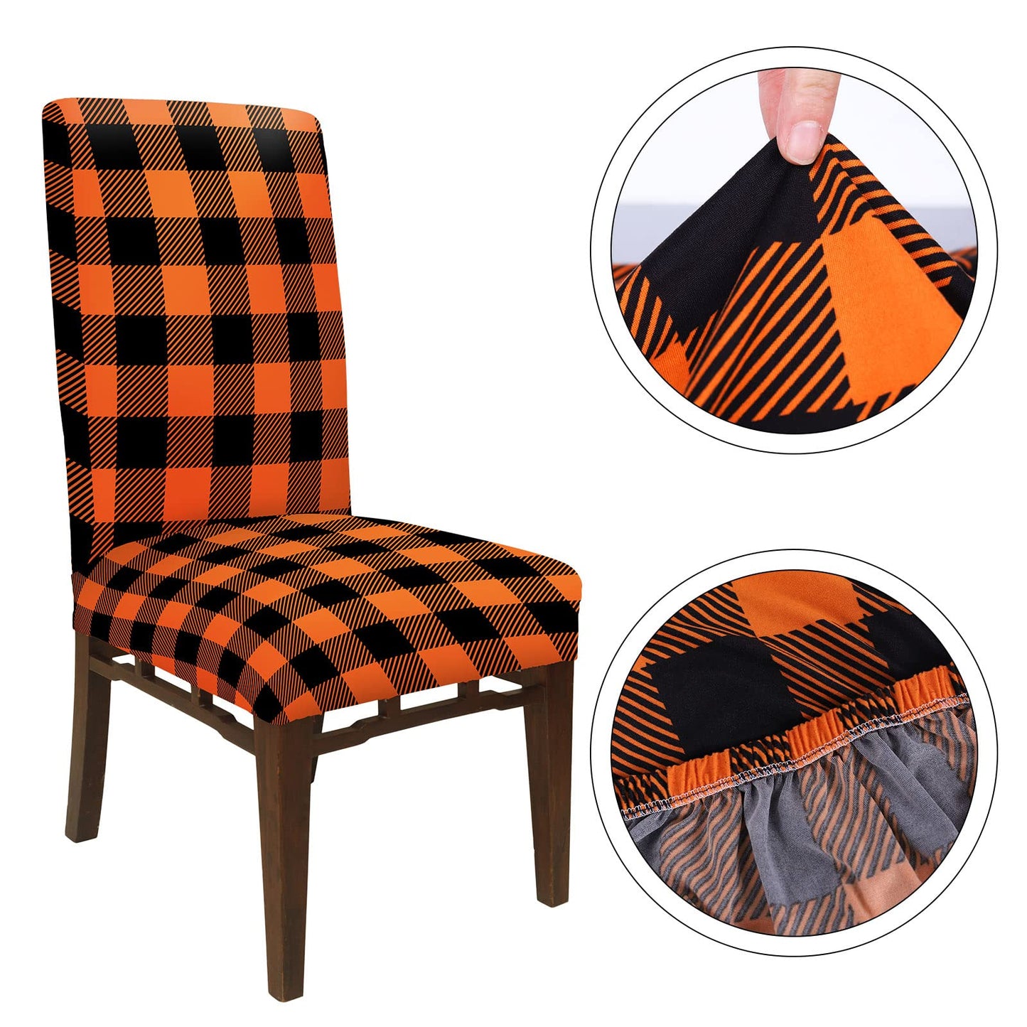 Whaline 4Pcs Fall Chair Slipcovers Orange White Buffalo Check Dining Chair Covers Protector Removable Stretch Elastic Seat Covers for Thanksgiving Party Kitchen Home Hotel Restaurant Ceremony Decor