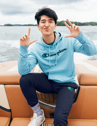 Champion Men's Pullover Fleece Hoodie, Standard Fit, Midweight, Available in Regular and Big & Tall, Black-Classic Script Logo, Medium