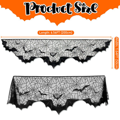 AerWo Halloween Decorations Indoor Fireplace Mantel Scarf, Black Lace Spiderweb Fireplace Cover for Halloween Mantle Decor Festive Party Supplies,20x79 inches