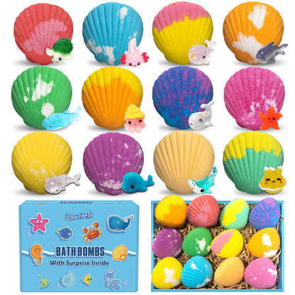 Bath Bombs for Kids with Surprise Toys Inside, 12 Pack Shell Kids Bath Bombs Gift Set for Girls Boys Birthday, Easter, Christmas, Halloween, Handmade Organic Bath Fizzy Bomb with Sea Animal for Child