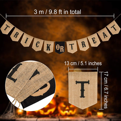 Whaline Halloween Trick or Treat Burlap Banner, Hanging Banner Home Decor Bunting Flag Fireplace Garland, Black, Orange
