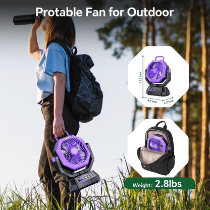 AJVV Camping Fan, 20000mAh Portable Rechargeable Battery Powered Fan with Stepless Wind Speed, Personal Desk USB with Light for Outdoor, Home, Tent, Fishing, Camping