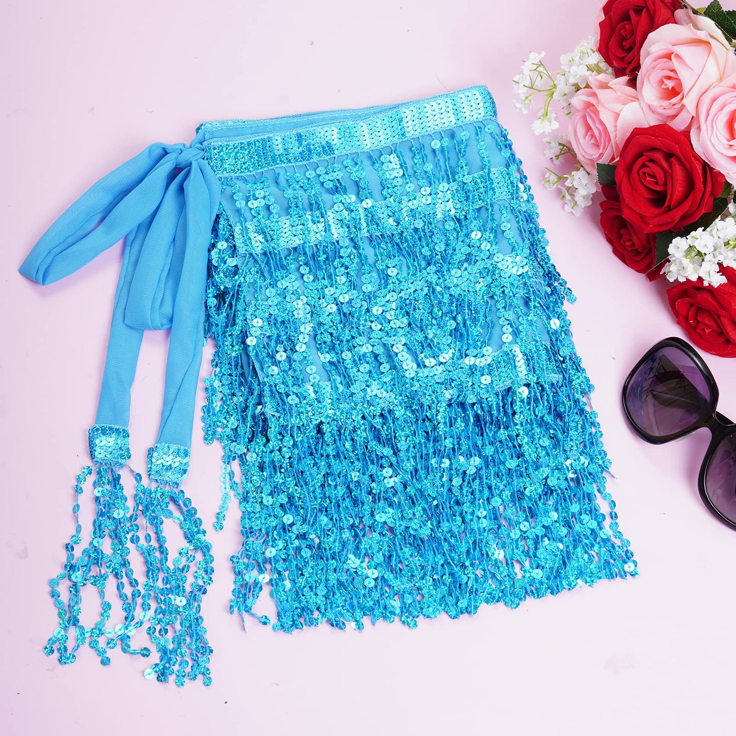 Belly Dance Hip Scarf Sequin Tassel Skirt Performance Outfits Sparkly Fringe Wrap Halloween Costume Party Rave Festival for Women and Girls, Blue