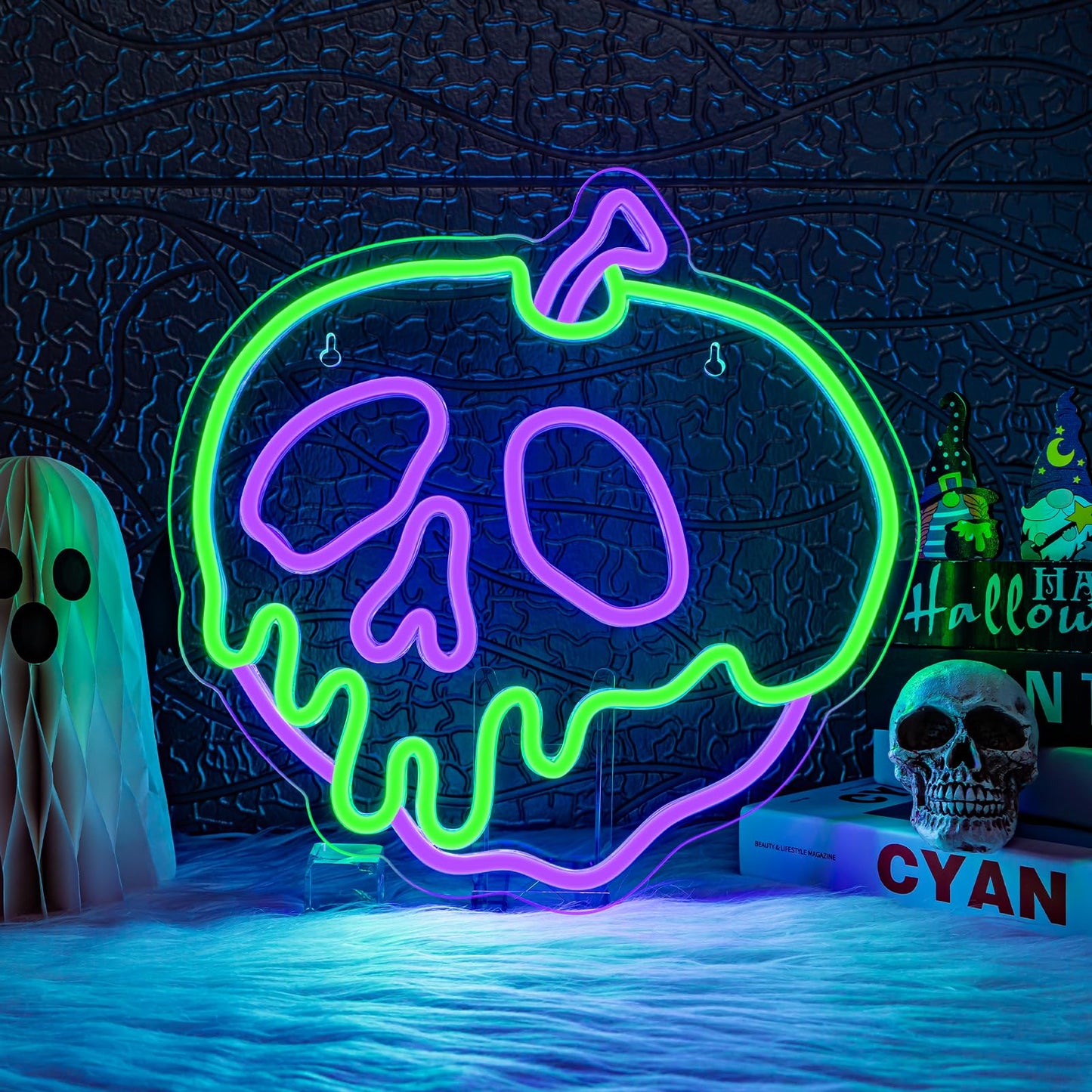 WLHOPE Halloween Neon Sign - Dimmable Skull Apple Wall Decor Light, USB Connectivity for Bedroom, Bar, Shops, Party Decoration