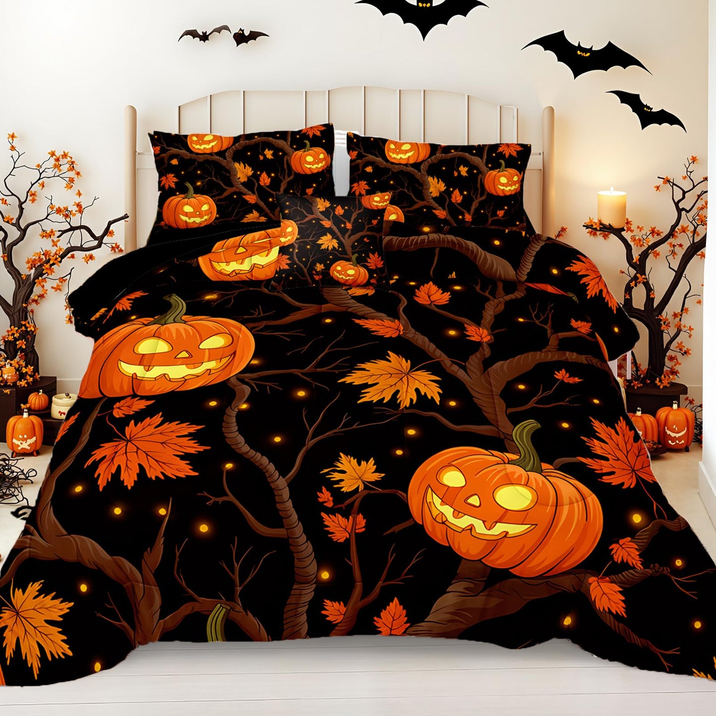 Black Pumpkin Bedding Happy Halloween Comforter Set Orange Pumpkin Lantern Spooky Ghost Festival Theme Black Halloween Bedding Comforter Set King Size