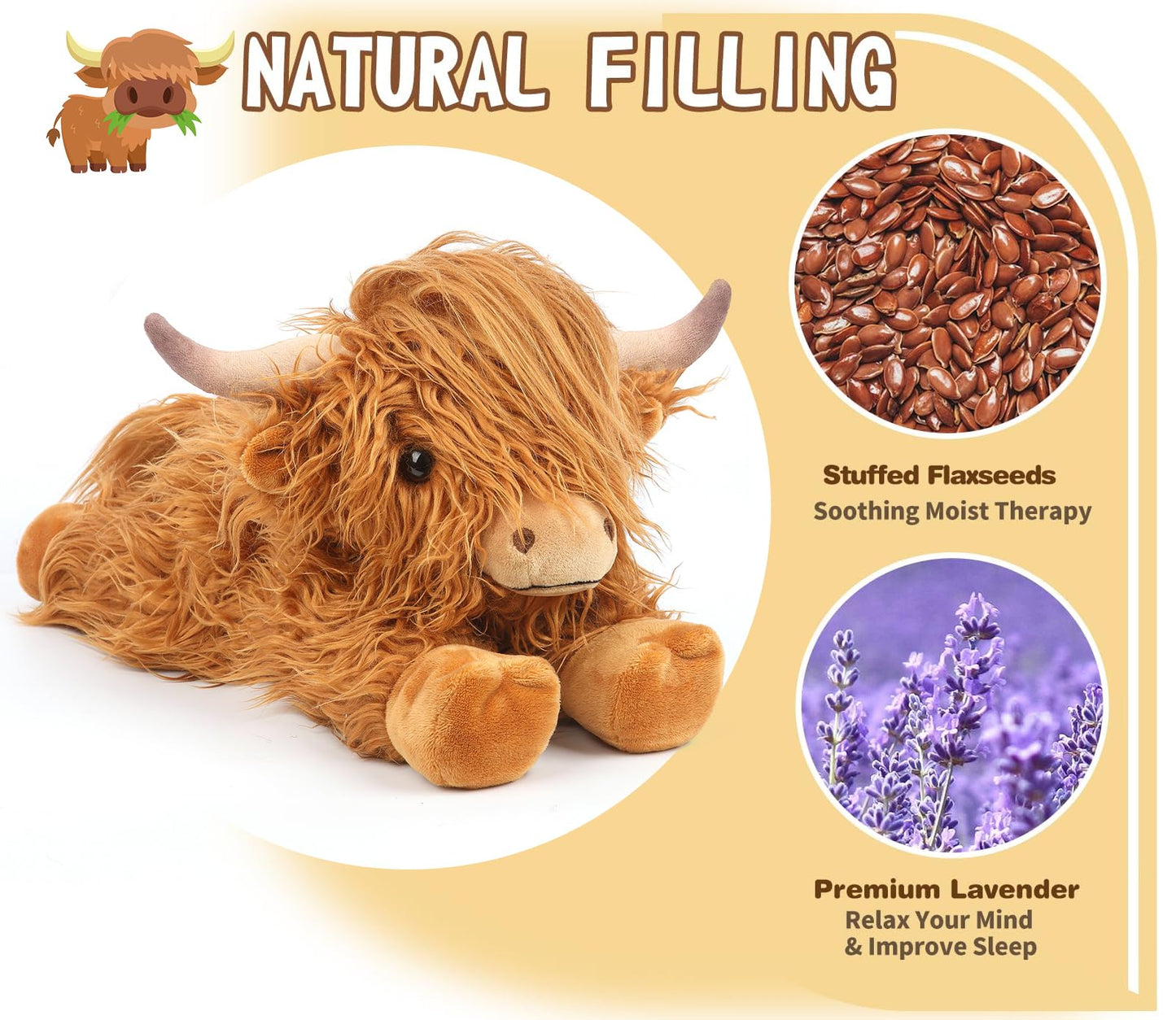 Highland Cow Stuffed Animals, Microwavable Stuffed Animals Heating Pad for Cramps, Pain Stress Relief, Heatable & Coolable Lavender Scented Cow Plush Toy for Anxiety, Women Kid Bedtime Highland Cattle