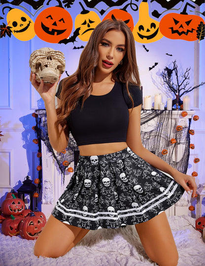 Avidlove High Waist Teen Girls Halloween Print Pleated Skirt Goth Skull Print Kawaii Skirt Cosplay Costume Cheer Skirt with Stripe (Goth Skull Print, M)