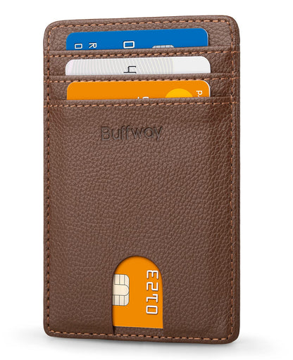 Buffway Mens Slim Wallet, Minimalist Thin Front Pocket Leather Credit Card Holder with RFID Blocking for Work Travel - Chicago Coffee