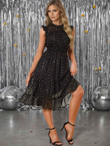 Allegra K Casual Chiffon Midi Dress for Women Halloween Sleeveless Smocked Waist Gilding Metallic Stars Party Dresses X-Large Black