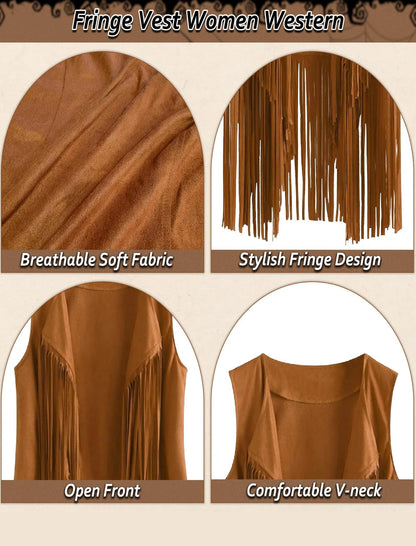 6 PC Cowgirl Western Outfits for Women Retro Cowgirl Costumes Fringe Vest Cow Girl Hat for Women Country 70s Hippie Outits (Brown, S)