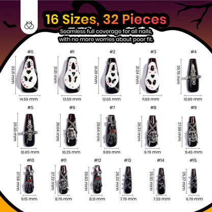 Beetles Halloween Press On Nails - Mystic Glow | Black Long Coffin Halloween Nails | 32Pcs 16 Sizes 3d Skull Cross Design Stick on False Nails With Quick-drying Nail Glue&Cuticle Oill