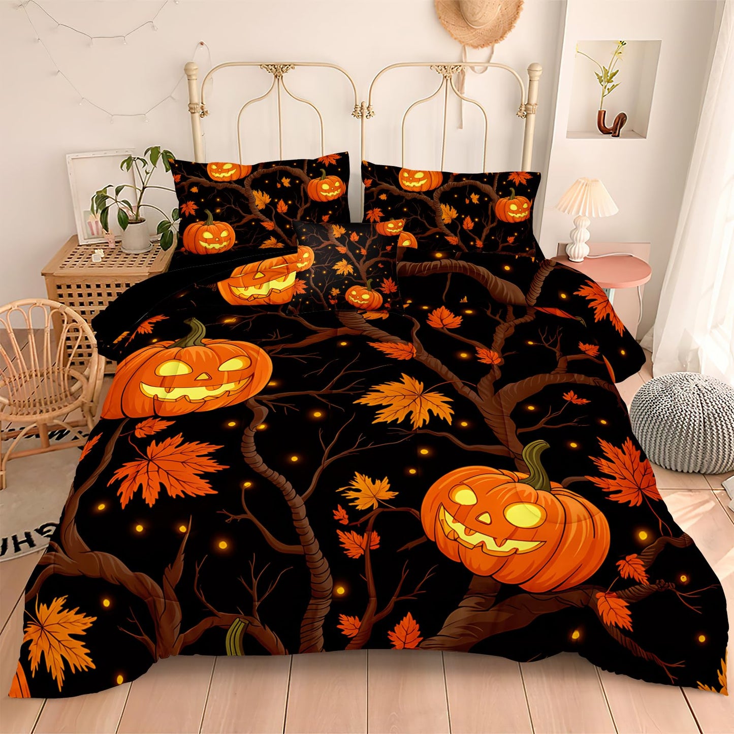 Black Pumpkin Bedding Happy Halloween Comforter Set Orange Pumpkin Lantern Spooky Ghost Festival Theme Black Halloween Bedding Comforter Set King Size