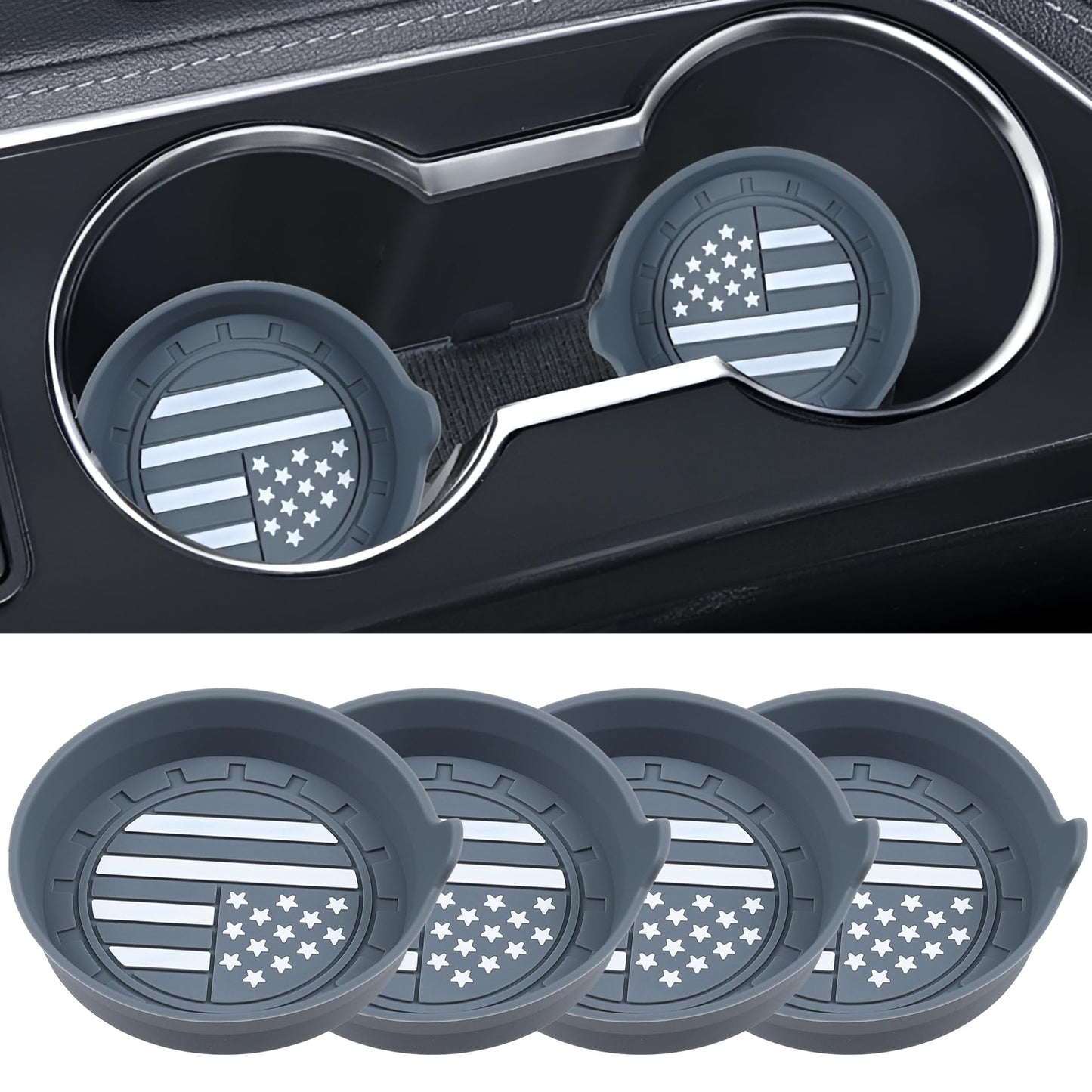 Amooca Car Cup Coaster Universal Non-Slip Silicone Cup Holder Insert Car Interior Accessories for Drink American Flag US Flag 4 Pack Grey