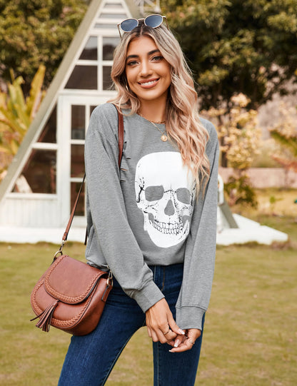 Blooming Jelly Women's Halloween Sweatshirts Skull Graphic T Shirts Long Sleeve Pullover Gothic Fall Trendy Outfits 2024 (Large, Grey)