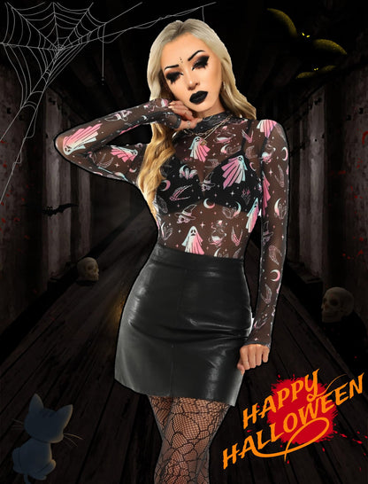 BemorRun Floral Mesh Long Sleeve Tops for Women Mock Neck See Through Fitted Sexy Going Out Top(Black Pink Specter,XL)