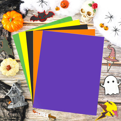 Whaline 12 Sheet Halloween Heat Transfer Vinyl Black Orange Purple Green Yellow HTV Iron on Vinyl Adhesive Craft Vinyl Sheet for DIY Fabric T-Shirts Holiday Gift Halloween Party Decoration, 12 x 10