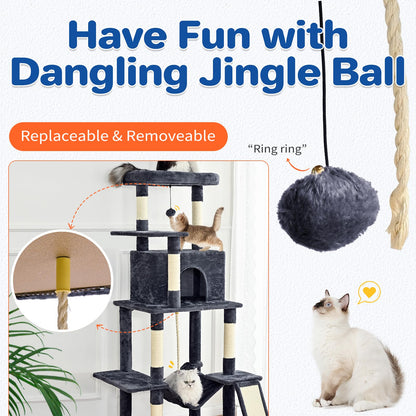 ABCPET Cat Tree Tower 63in Multi-Level Cat Tower for Indoor Cats with Sisal Scratching Posts, Condo, Hammock, Dangling Ball and Extended Platform for Cats to Play, Dark Grey