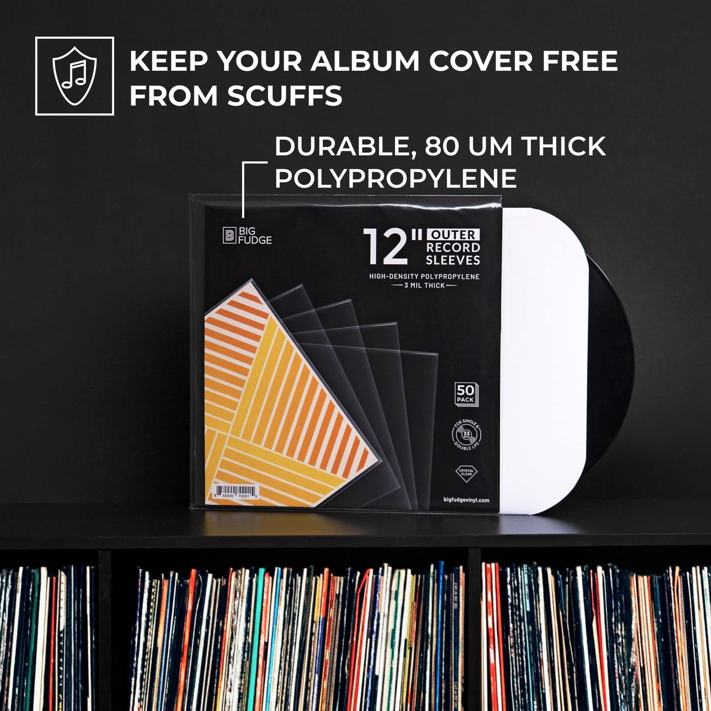 Big Fudge Vinyl Record Sleeves 50 x 12 LP - Durable & Wrinkle-Free Vinyl Outer Sleeves - Crystal Clear High-Density Polypropylene - 3 mil Thick, 12.75” x 12.75” - Fits Most Gatefolds Double LPs
