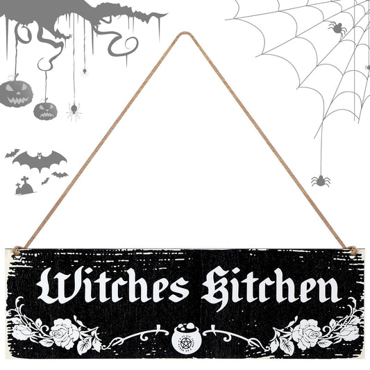 Bucherry Wood Witches Kitchen Decorative Signage - Halloween Goth Decor, Vintage Farmhouse Signs, 13.78 x 4.72 inches or 35 x 12 cm, Black and White, Classic, Indoor and Outdoor Use