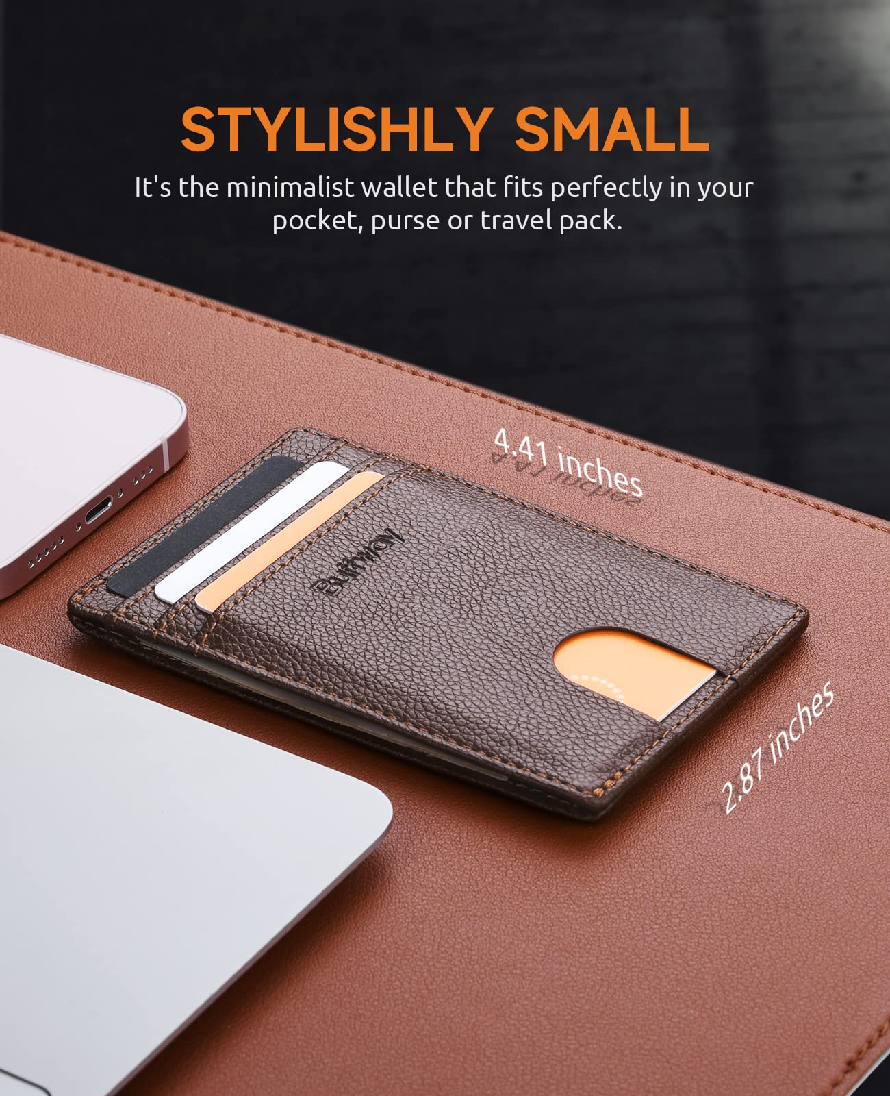 Buffway Mens Slim Wallet, Minimalist Thin Front Pocket Leather Credit Card Holder with RFID Blocking for Work Travel - Chicago Coffee