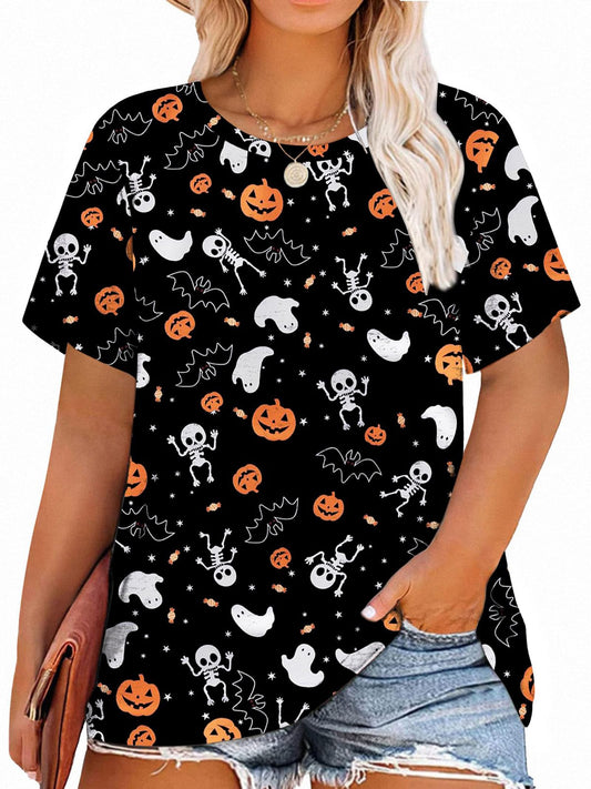 Anbech Women Plus Size Halloween Tops Pumpkin Grapchic Thanksgiving T-Shirt (Full Black, 5XL)