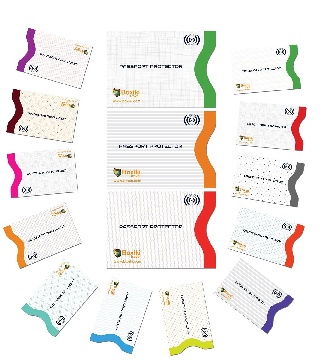 Boxiki Travel Set of 15 RFID, Set with Color Coding | Identity Theft Prevention RFID Blocking Envelopes and Passport Covers (White Collection)