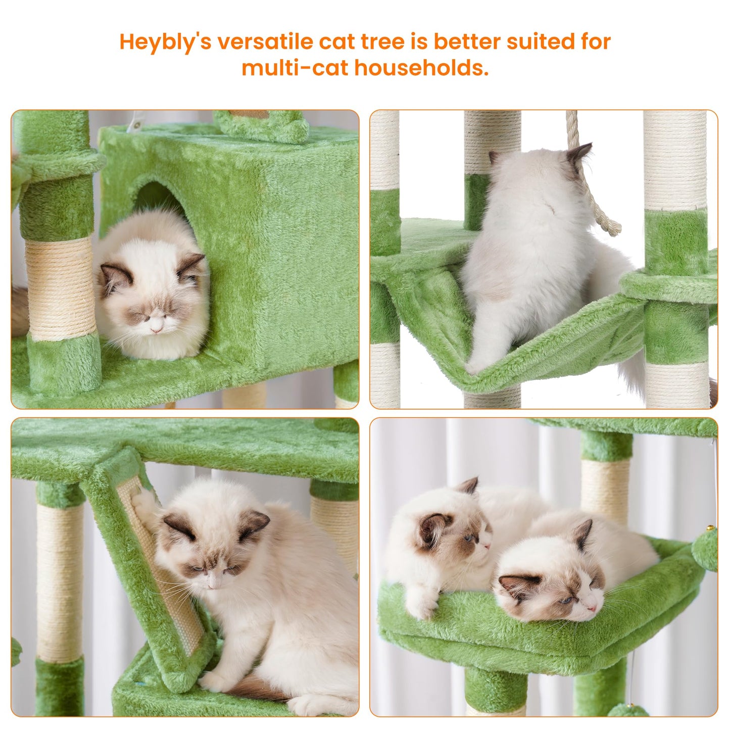 Heybly Cat Tree, 68 inch Multi-Level Cat Tower for Indoor Cats, 2 Widened Plush Perches Cat Condo with Scratching Board and Big Caves, Green HCT025GR