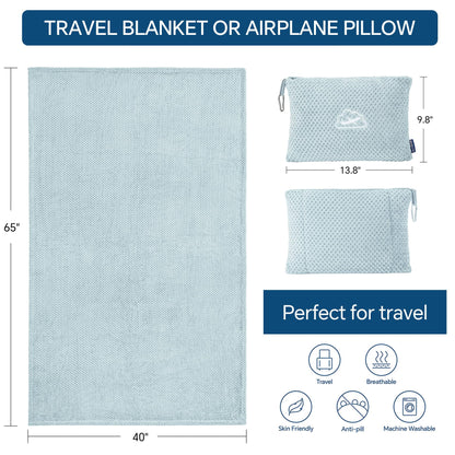 BEDELITE Travel Blanket and Pillow Set 2-in-1, Ultra-Soft Jacquard Fleece Blanket with Bag, Airplane Blanket with Luggage Sleeve & Backpack Clip Travel Essentials, Blue