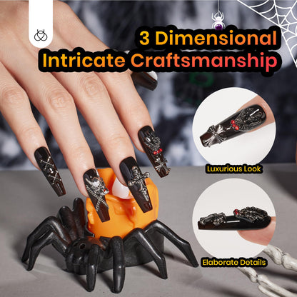 Beetles Halloween Press On Nails - Mystic Glow | Black Long Coffin Halloween Nails | 32Pcs 16 Sizes 3d Skull Cross Design Stick on False Nails With Quick-drying Nail Glue&Cuticle Oill