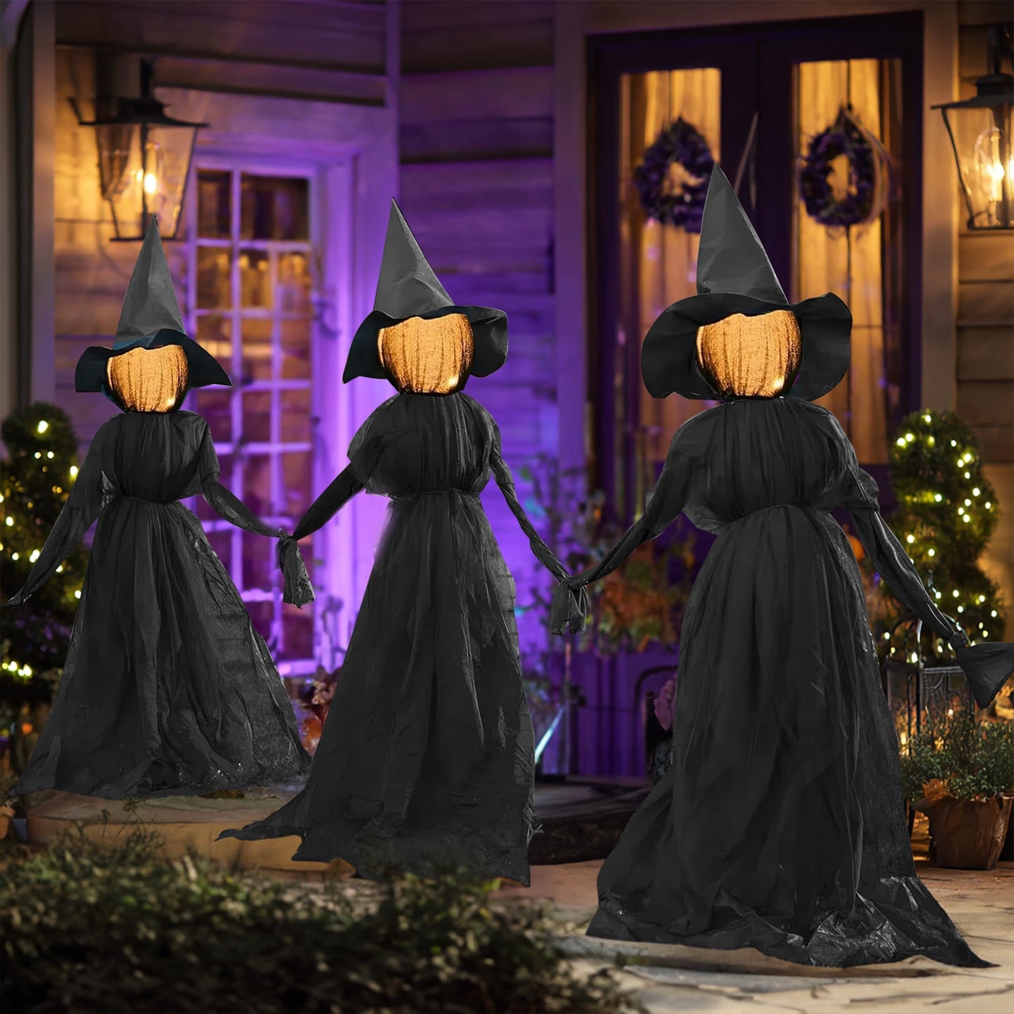 Hourleey Halloween Decorations Outdoor, 3 Pack 5 FT Holding Hands Lighted Witches Stakes with Glowing Face, Halloween Witch Decor for Yard Garden Lawn Porch Haunted House Party Props