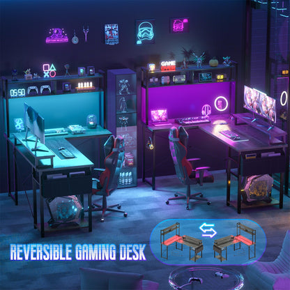 Besiost Small L Shaped Gaming Desk with Power Outlets, 48" Reversible L Shaped LED Computer Desk with Monitor Stand & Storage Shelf, Corner Gamer Desk Home Office Desk with Storage Bag, Black Oak