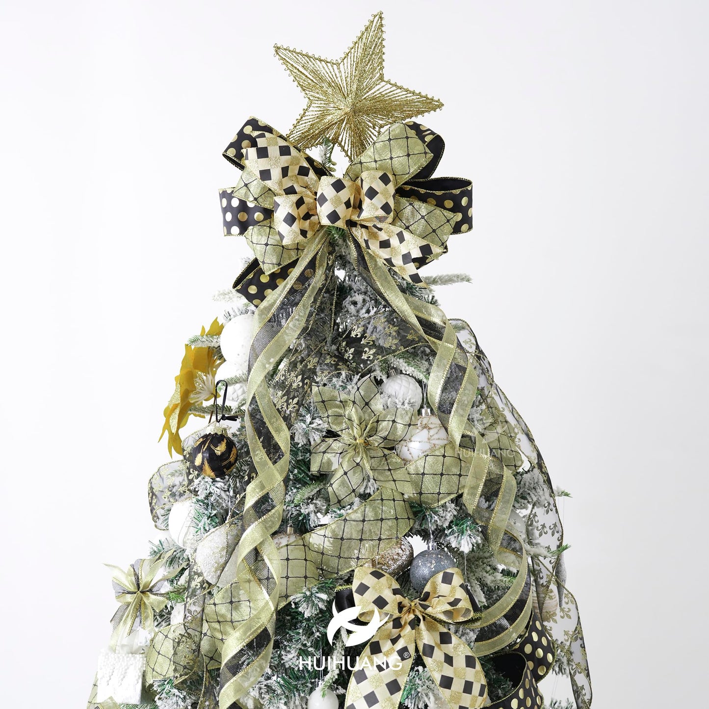 HUIHUANG Black Wired Ribbon for Christmas Tree Black and Gold Christmas Ribbons for Tree Decorations, Bows, Wreaths, Garland, Gift Wrapping, Crafts, Home Decor (2-1/2" x 6 Rolls, 36 Yds Total)